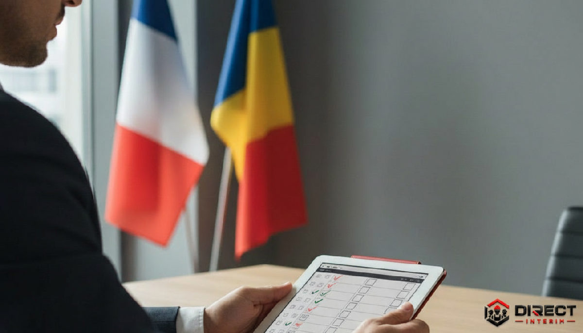checklist légale emploi roumanie france - Homme d'affaires vérifiant une liste légale avec drapeaux France et Roumanie.