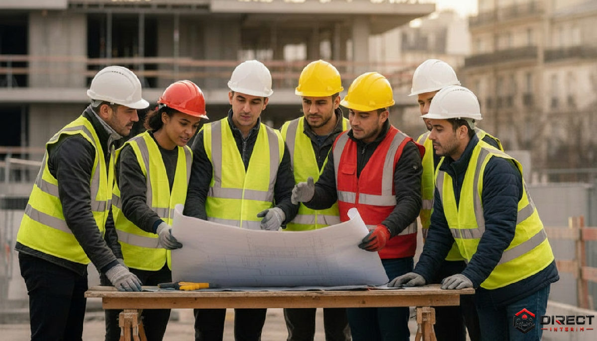 Équipe de construction diversifiée en France avec des ouvriers roumains.