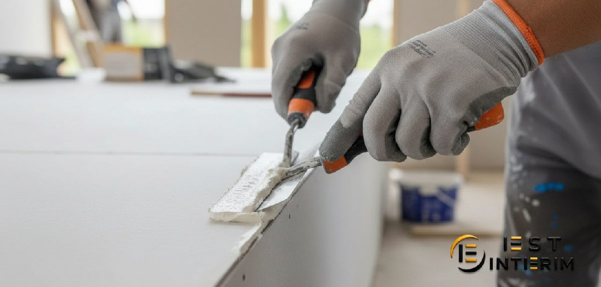 Gros plan sur les mains expertes d'un plaquiste réalisant une finition parfaite.