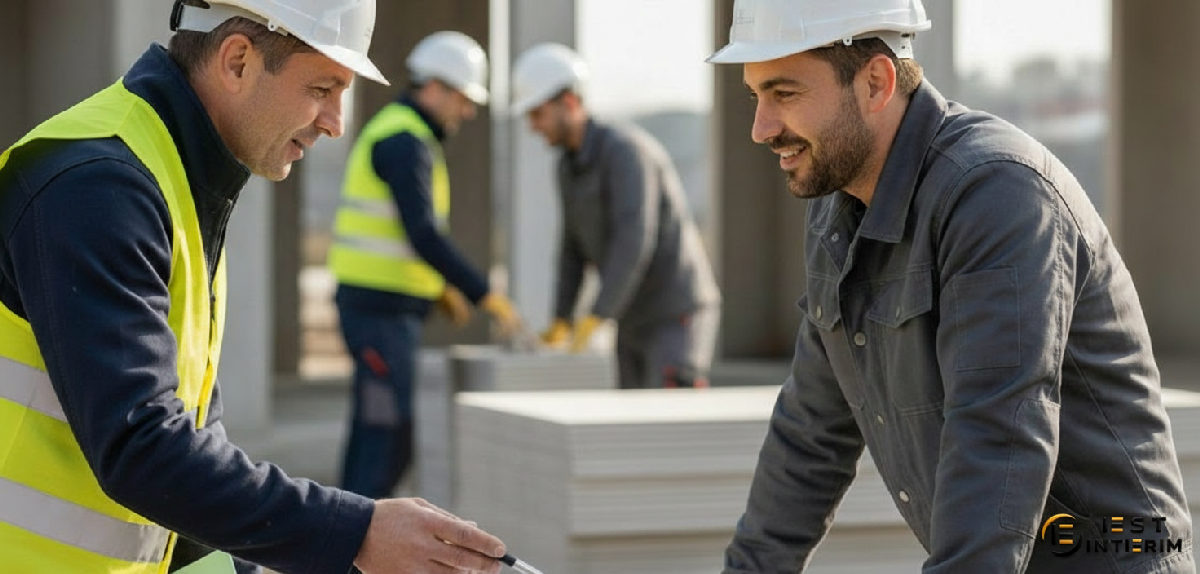 Chef de chantier français échangeant avec une équipe de plaquistes roumains.