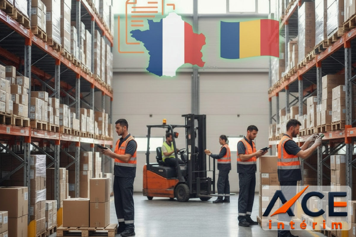 recruter opérateurs logistiques roumains détachés procédure - Entrepôt logistique : opérateurs roumains, documents et drapeaux.