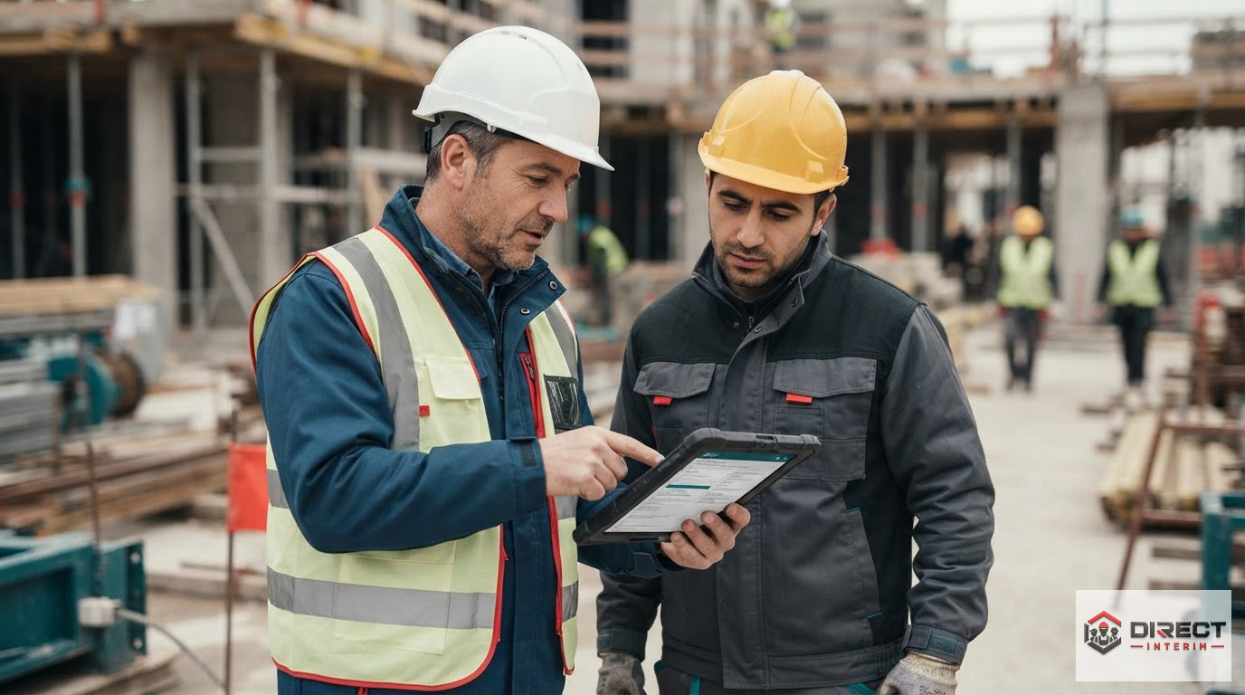 Un chef de chantier vérifiant des documents administratifs avec un travailleur détaché.