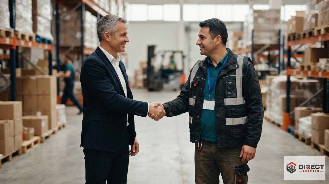 Poignée de main professionnelle dans un entrepôt pour symboliser un recrutement réussi.