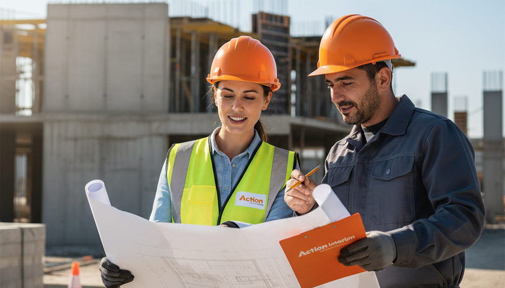 Manager français discutant avec un ouvrier roumain sur un chantier.