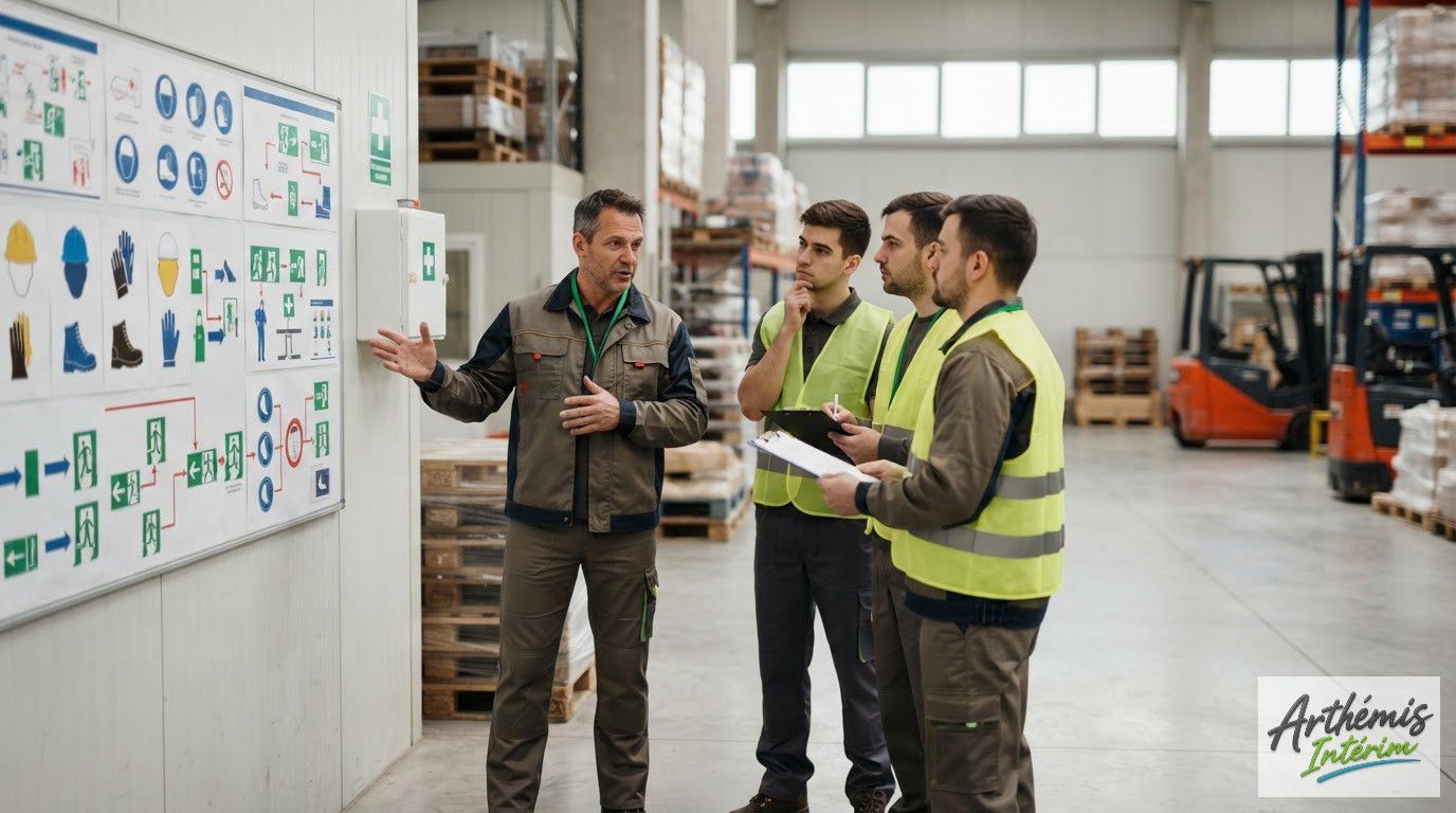 Manager expliquant les consignes de sécurité à une équipe dans un entrepôt.