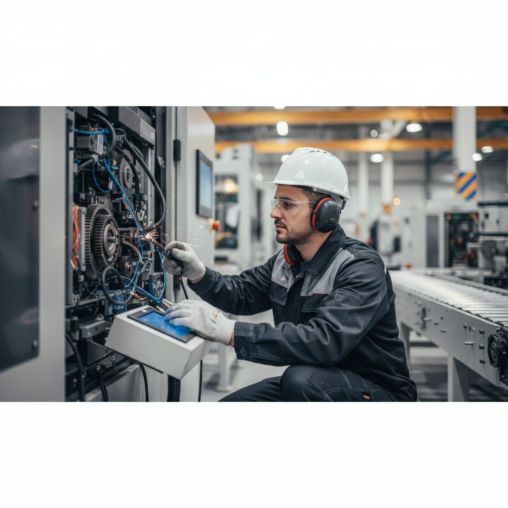 A professional industrial setting showing a skilled Romanian worker in safety gear performing a technical task, representing recrutement rapide Roumanie main d'œuvre qualifiée.