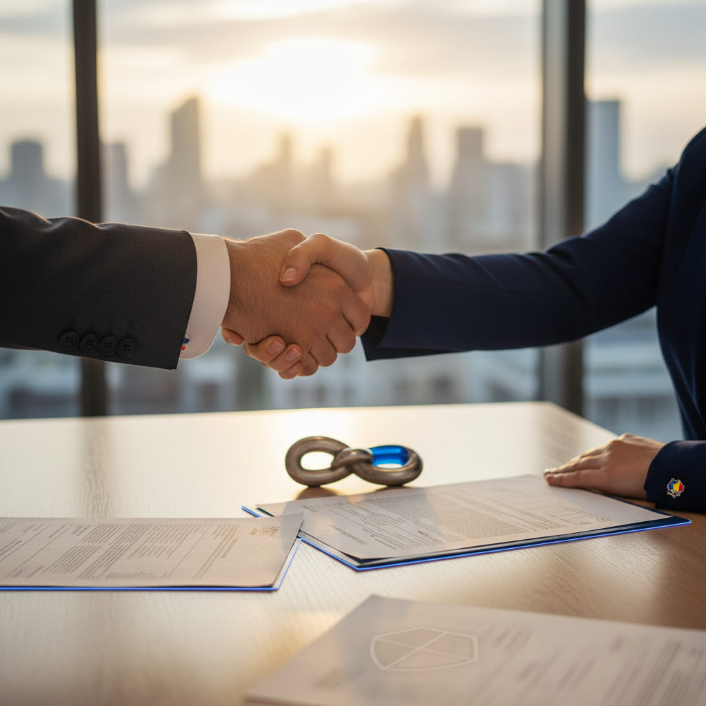 A handshake between a French business manager and a Romanian recruitment expert, symbolizing trust, legal security, and successful partnership.