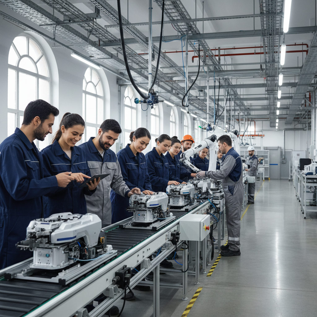 A modern factory floor where a diverse team, including Romanian and French workers, collaborates efficiently on a high-tech production line.