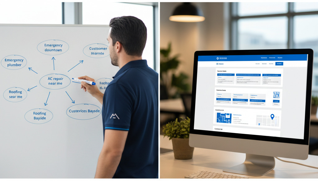 Brainstorming local keywords and integrating them into a service page online.