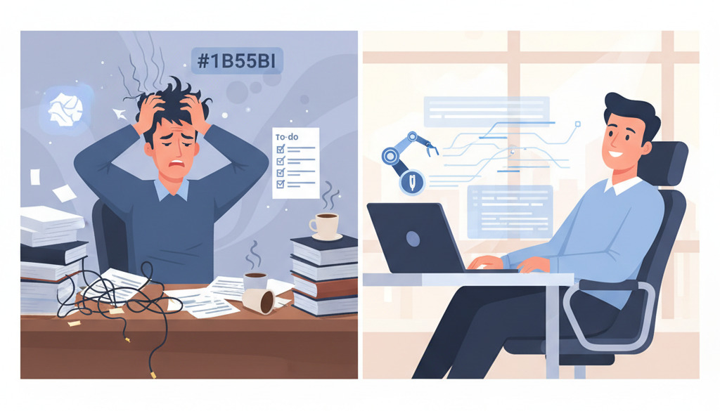 AI automates blog writing, transforming stressed small business owner to happy.