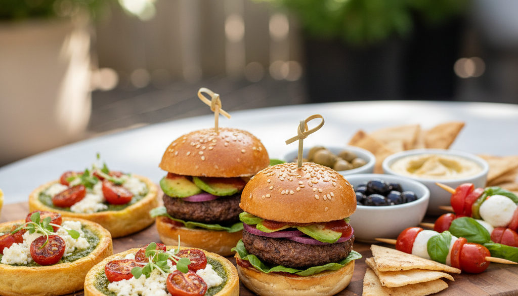 Różnorodne opcje przekąsek: wegańskie tartaletki i mini burgery.