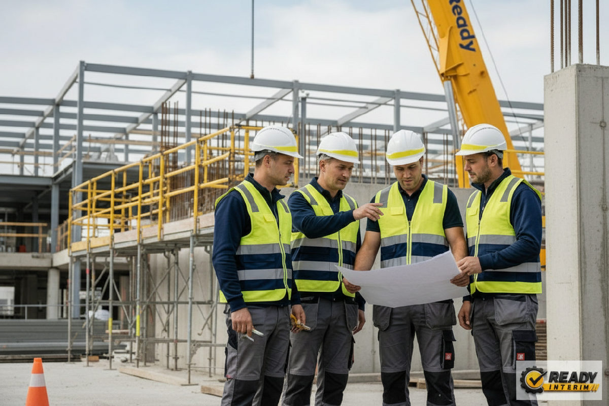 Travailleurs roumains en tenue de sécurité sur un chantier.