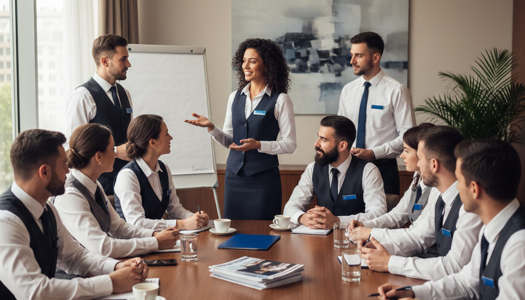 Réunion du personnel de l'hôtel, diversité et intégration réussies.