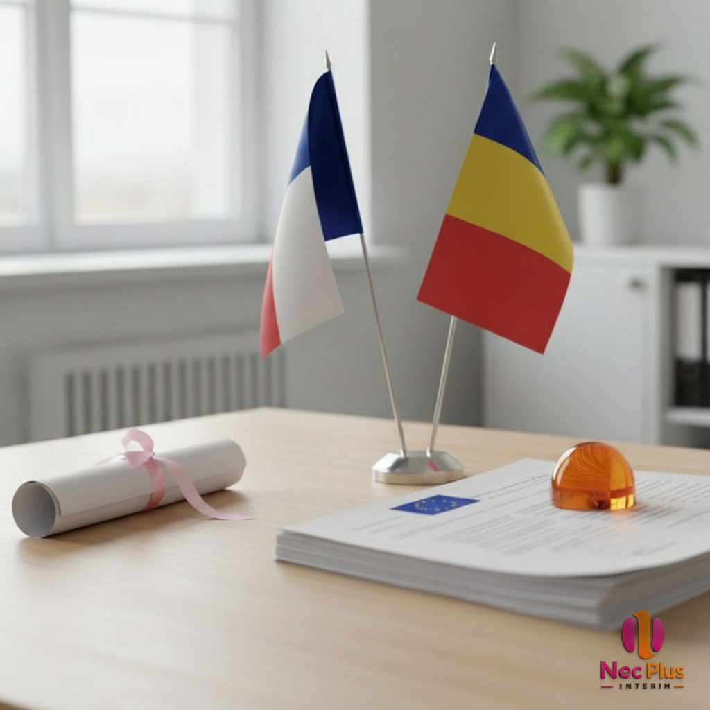 Bureau avec drapeaux français et roumain, documents de conformité.
