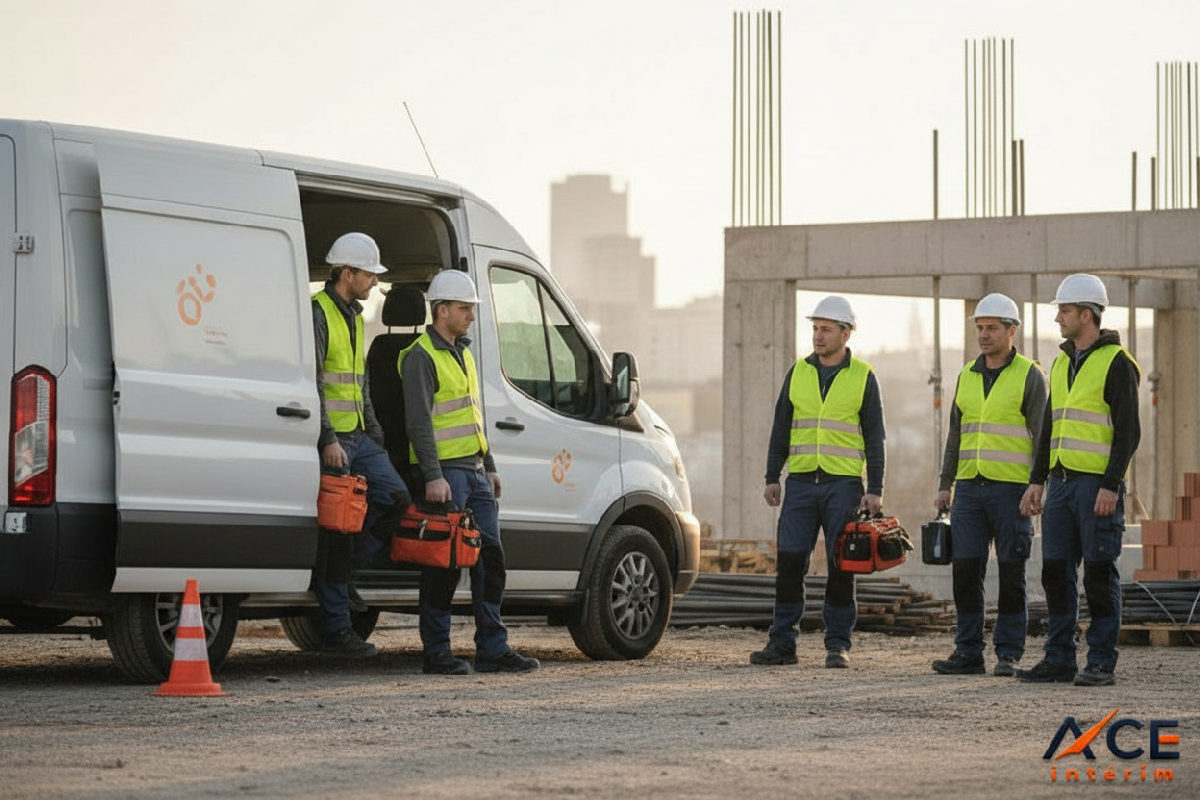 Ouvriers roumains arrivant sur un chantier en camionnette.
