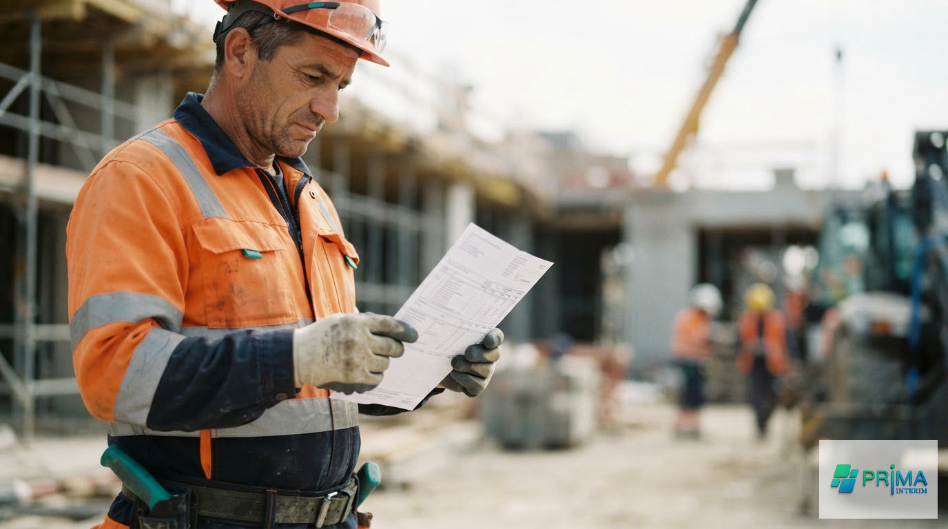 Un ouvrier en tenue de sécurité consulte son bulletin de paie sur chantier.