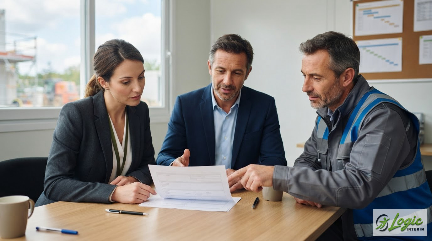 Des professionnels analysant des besoins de recrutement pour le BTP, transport et logistique.