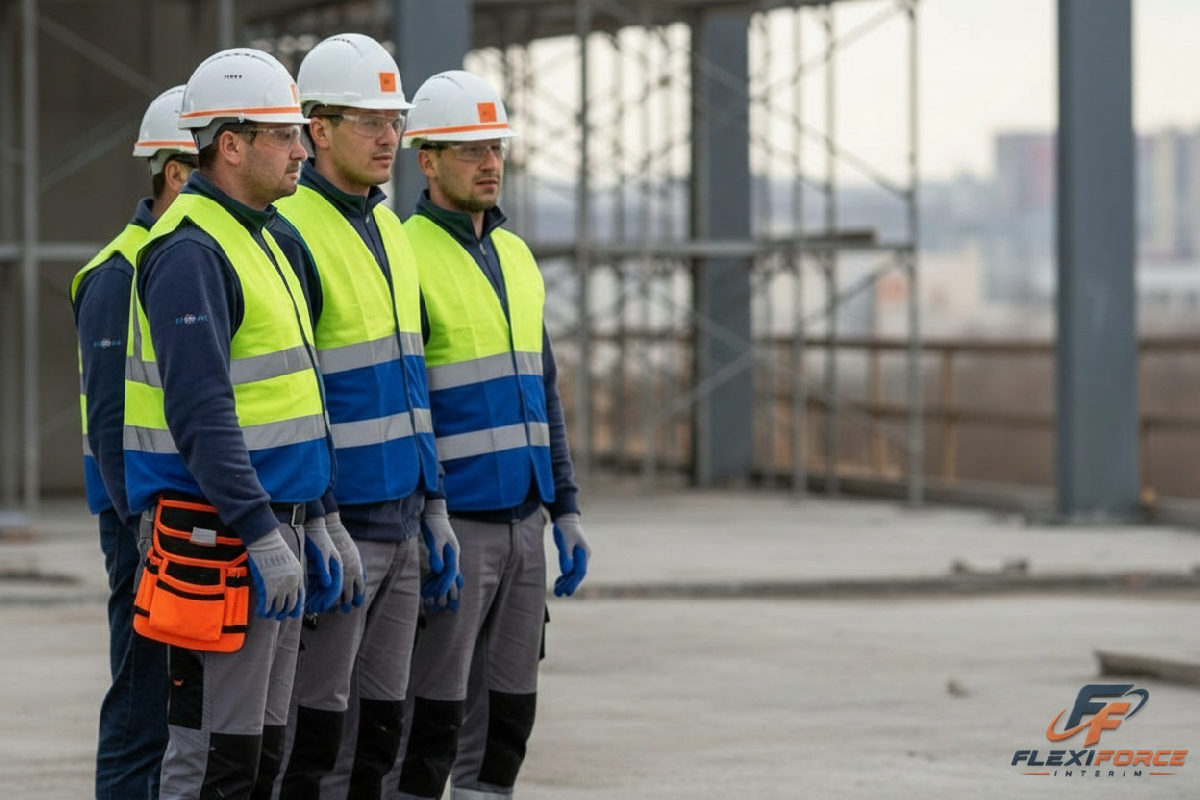 Ouvriers roumains respectant les normes de sécurité sur un chantier.