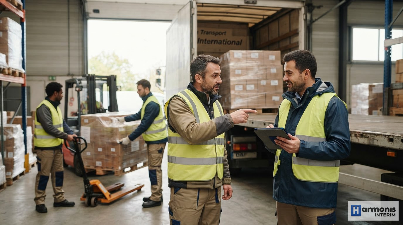 Équipe mixte de travailleurs collaborant au déchargement de marchandises.