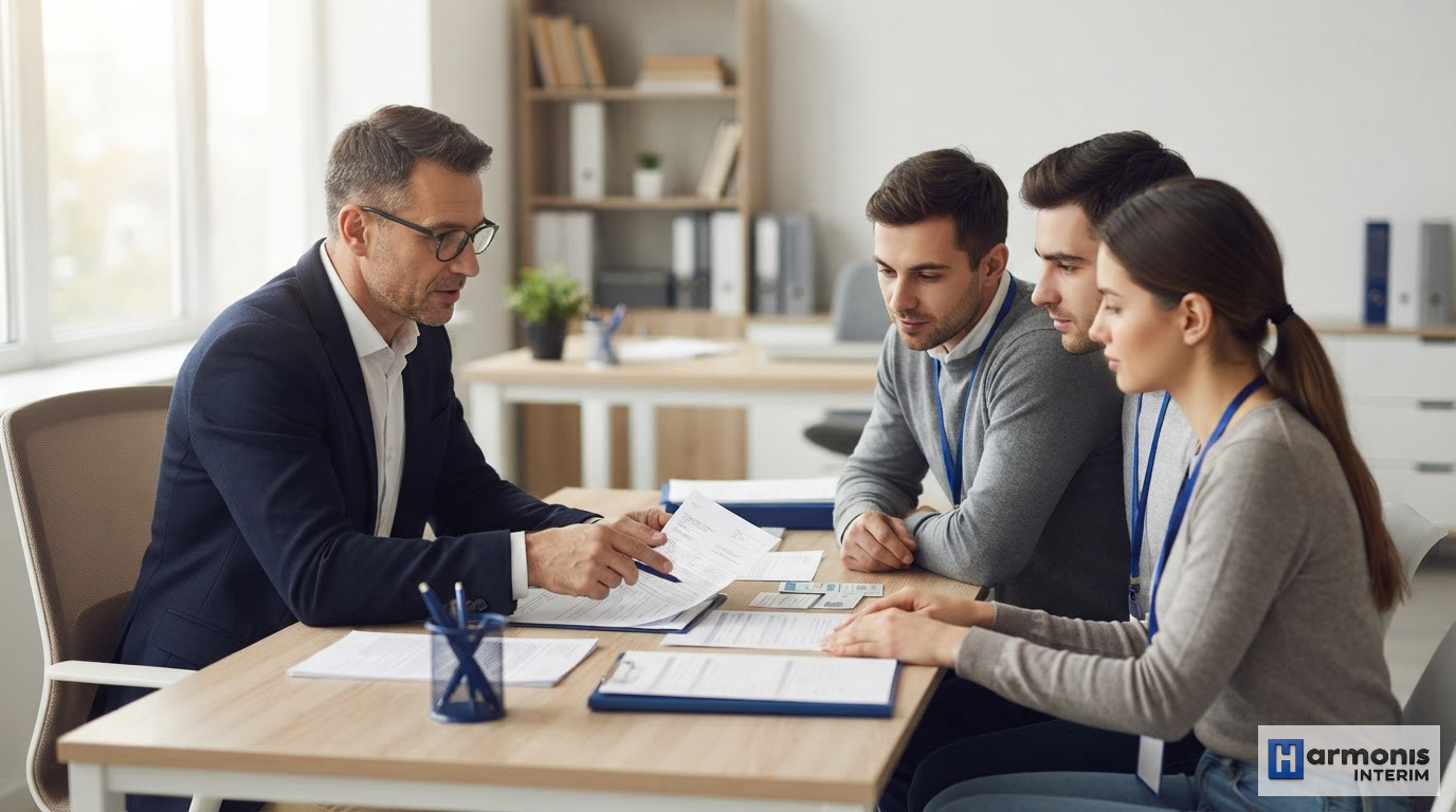 Consultant vérifiant la conformité administrative de travailleurs détachés au bureau.