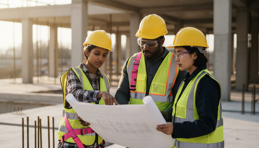 intégration travailleurs détachés guide - Divers ouvriers discutent des plans sur un chantier moderne.