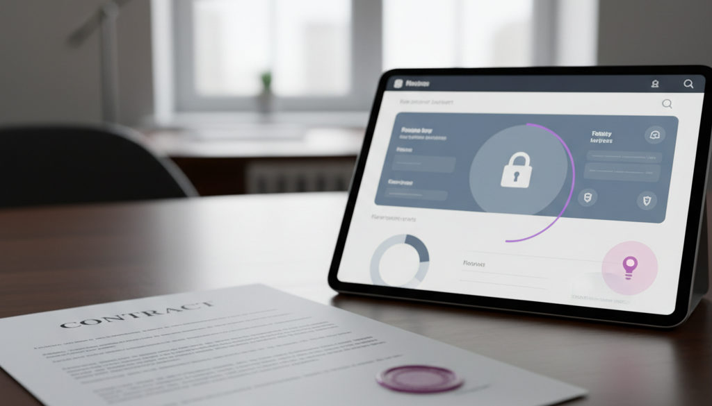 Contrat signé et tablette montrant un logiciel RH.