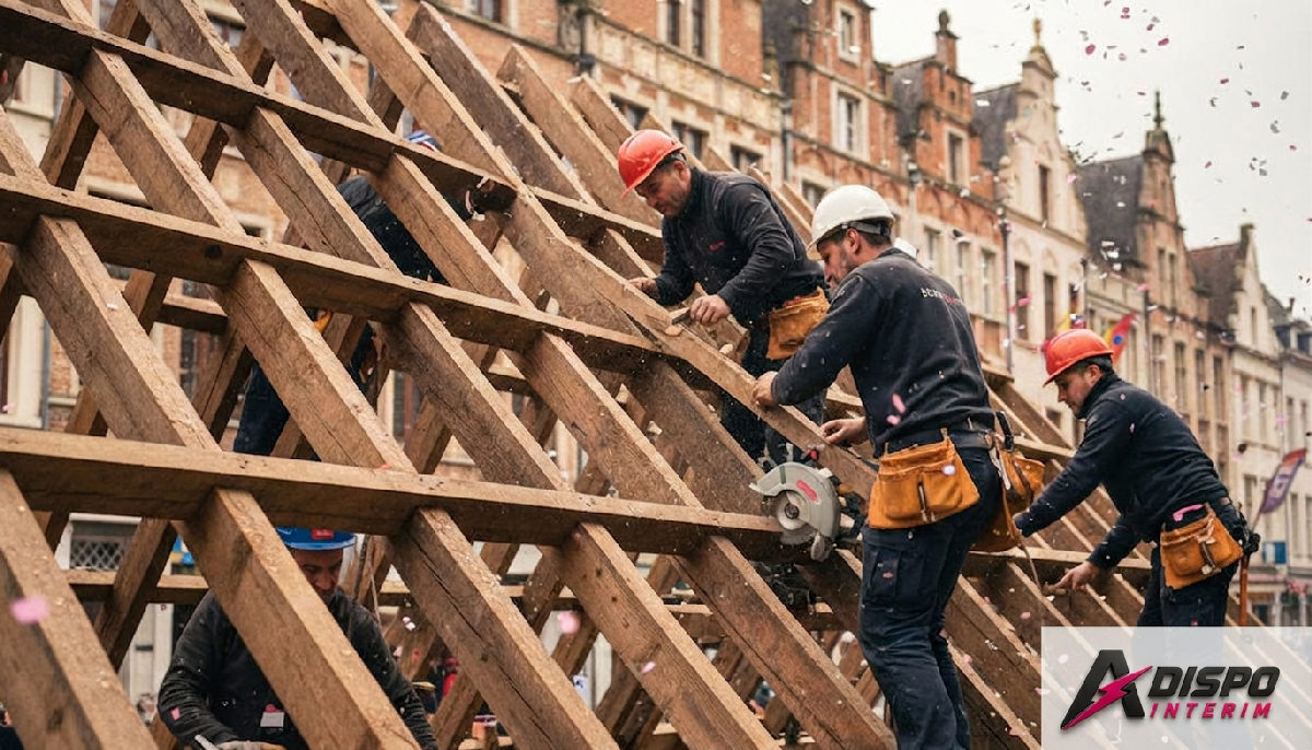 charpentiers roumains Lille Fête Nationale - Charpentiers roumains travaillant sur une toiture à Lille le 14 juillet.