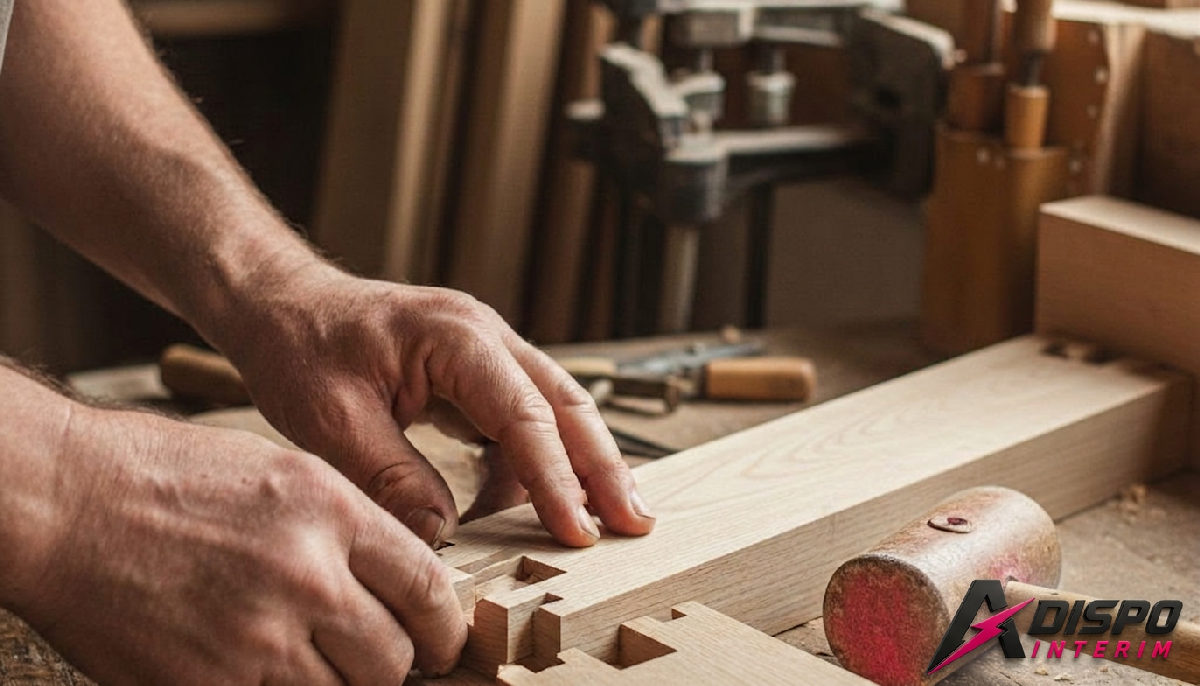 Mains d'un charpentier roumain assemblant un joint d'aronde.