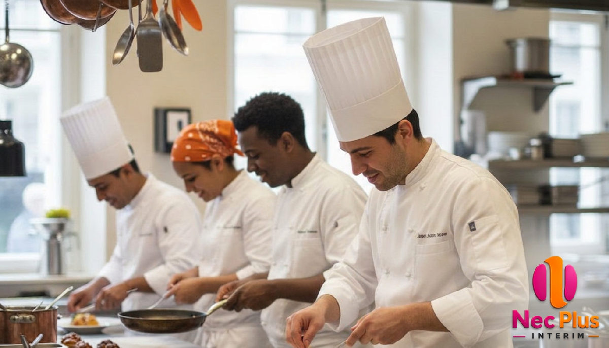 recrutement HCR roumains saisonniers - Cuisine professionnelle animée avec du personnel motivé pour le recrutement HCR.