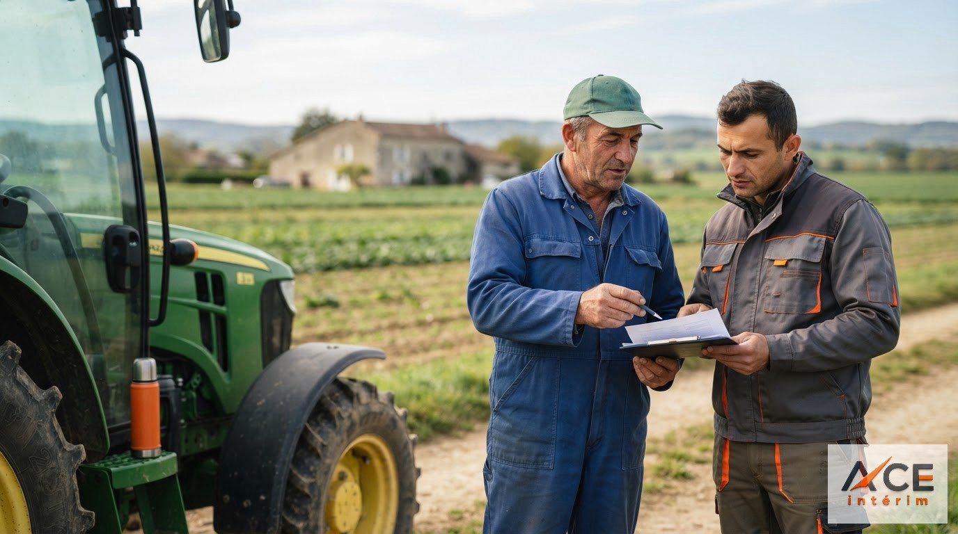 Un agriculteur et un travailleur examinant des documents administratifs près d'un tracteur.