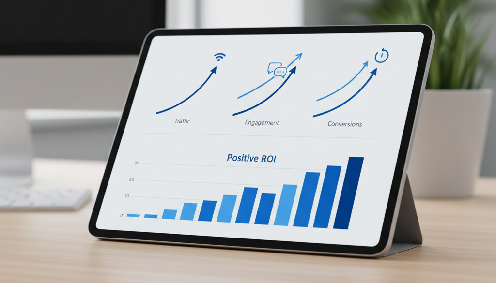 Dashboard showing upward trends in traffic, engagement, and conversions.