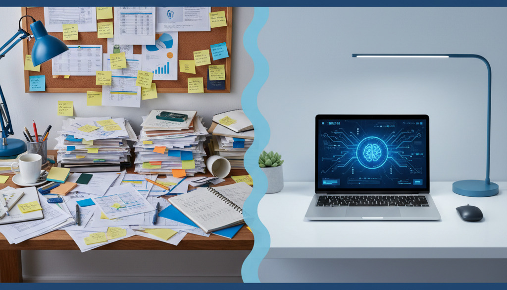 Cluttered traditional research versus a clean AI-powered strategy.