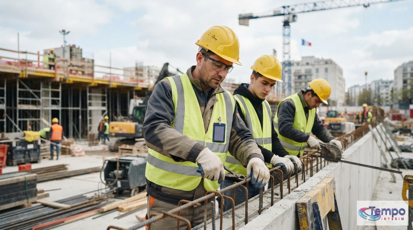 Travailleurs roumains en tenue de sécurité sur un chantier en France.