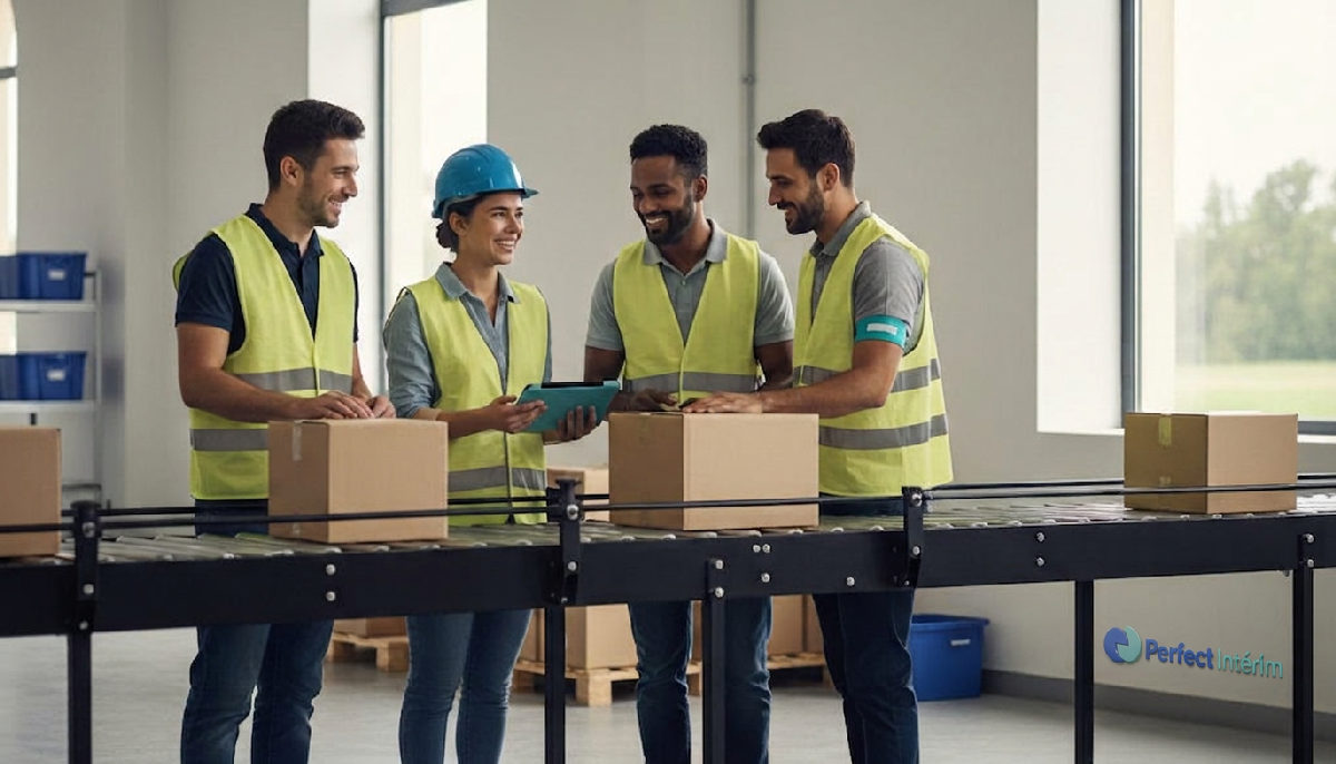 Employés roumains souriants dans une usine de conditionnement moderne.