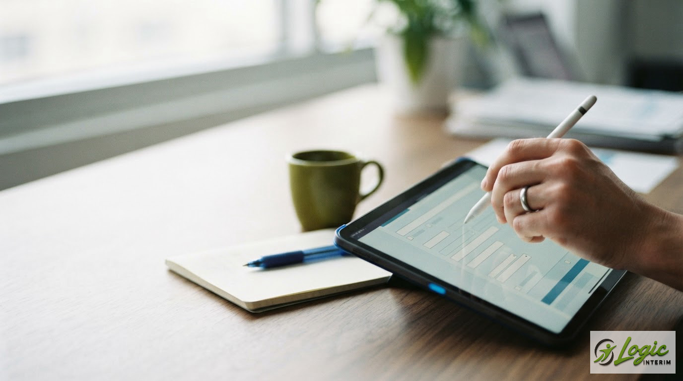 Main remplissant un formulaire de détachement numérique sur une tablette.