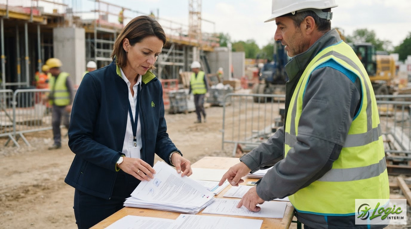 Inspecteur du travail vérifiant la conformité des documents sur un chantier.