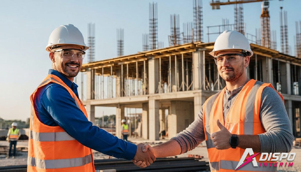 Deux ouvriers s'entraident pour assurer la continuité sur un chantier.