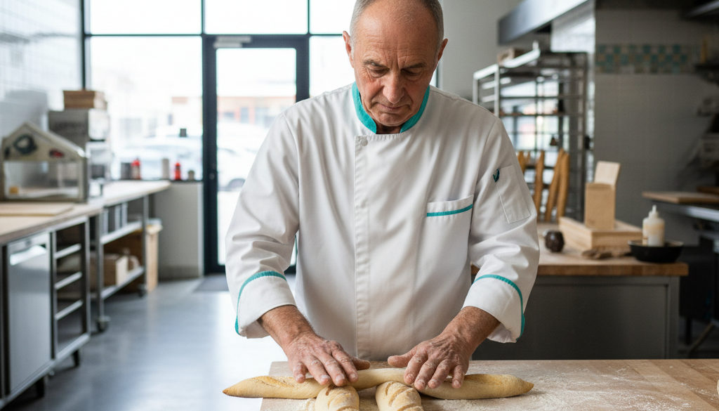 pâtissiers boulangers roumains HCR - Boulanger roumain façonnant des baguettes dans une boulangerie française.