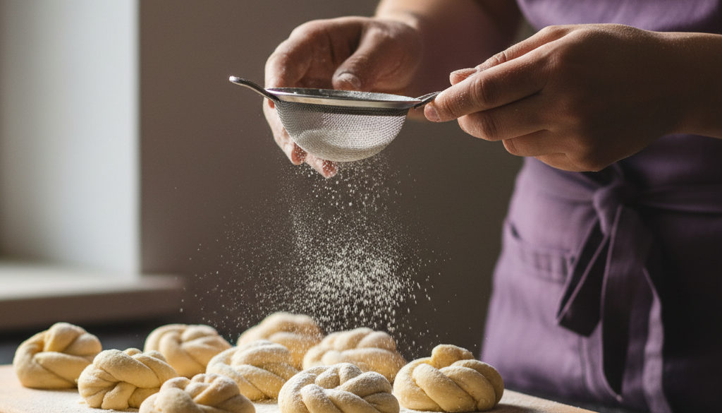 Mains expertes saupoudrant de la farine sur des pâtisseries fines.