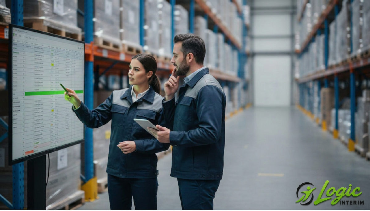 Chefs d'équipe examinant des plannings dans un entrepôt logistique.