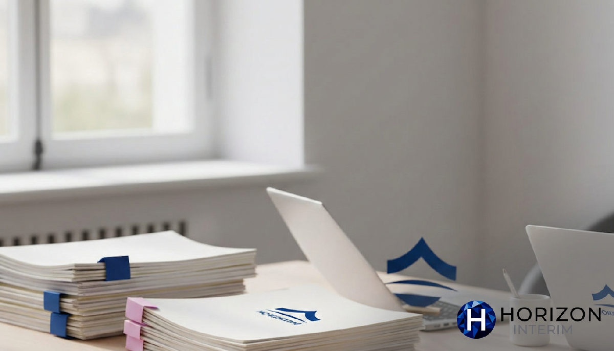 Bureau RH moderne avec logo Horizon Intérim, gestion administrative sereine.