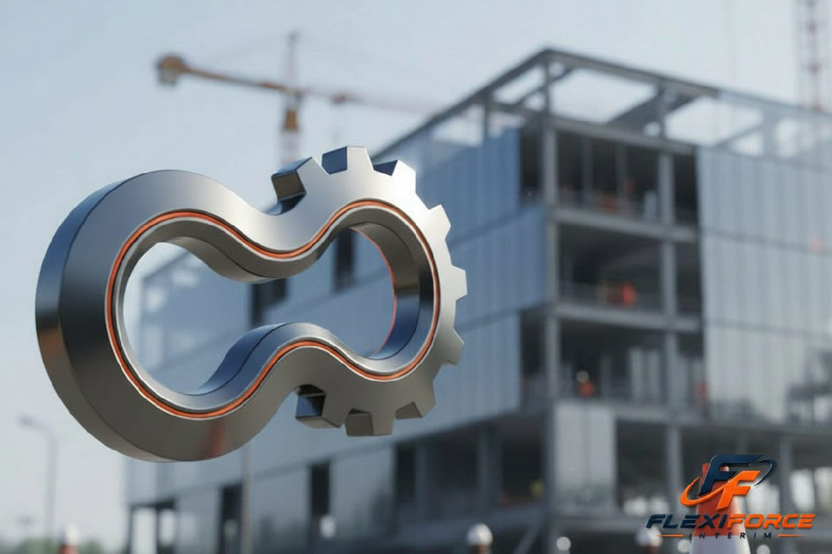 Logo FlexiForce Intérim sur un chantier moderne.