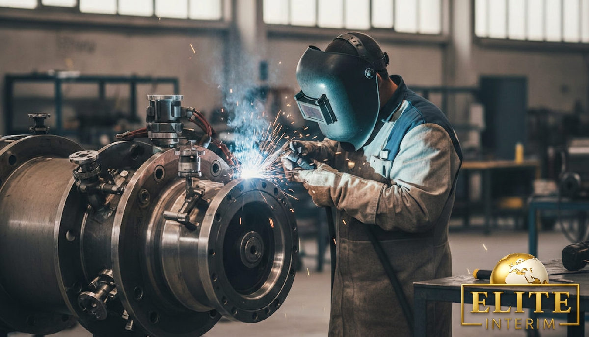 Soudeur bulgare spécialisé travaillant sur une pièce industrielle.