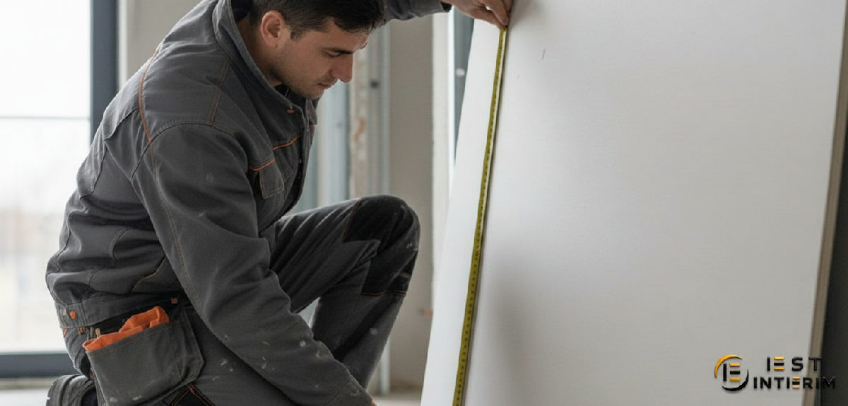 comment vérifier compétences plaquiste roumain avant intérim - Plaquiste mesurant une plaque de plâtre sur un chantier.