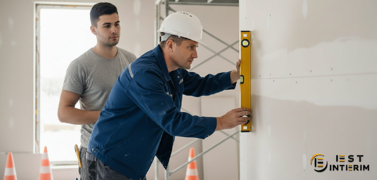 Chef de chantier vérifiant la planéité d'une cloison.