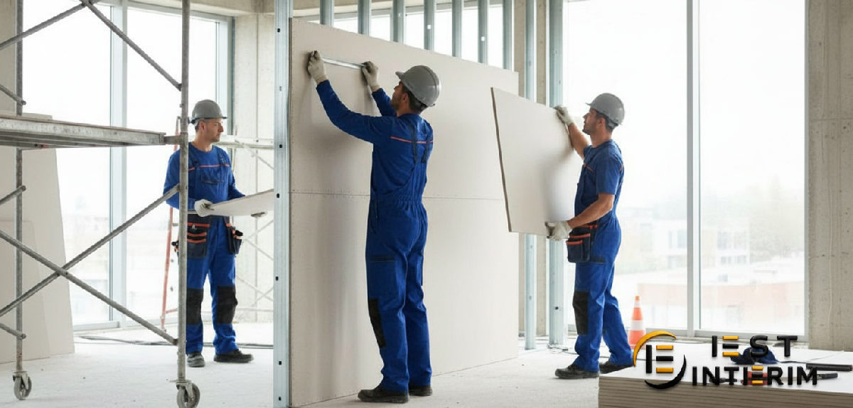 Équipe de plaquistes travaillant en coordination sur un chantier.