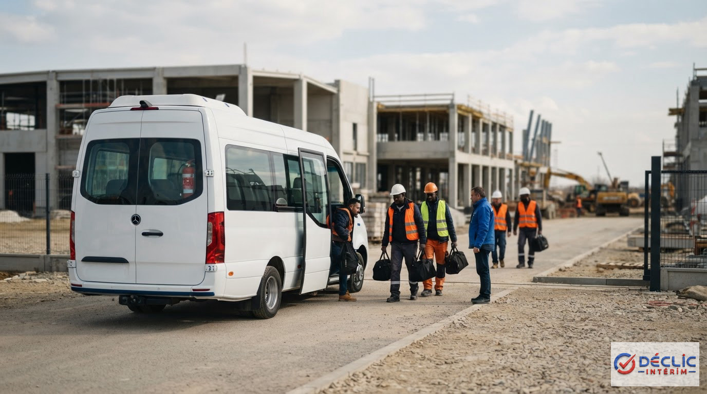Minibus transportant des travailleurs détachés sur un site de construction moderne.