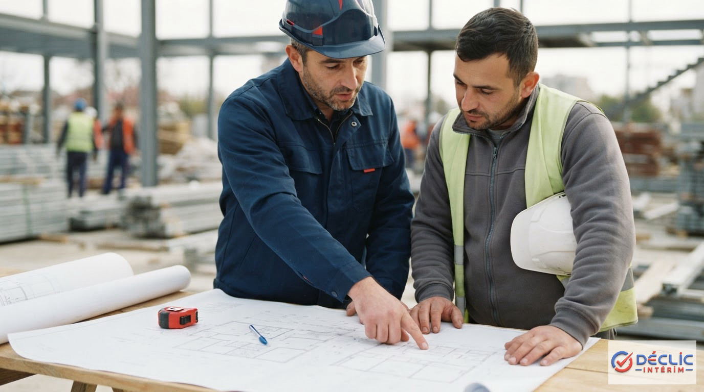 Chef de chantier et ouvrier consultant ensemble un plan sur un chantier.