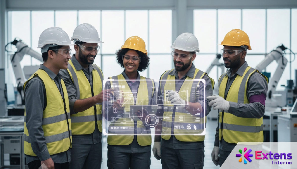Équipe ouvrière diversifiée échangeant des idées en usine.
