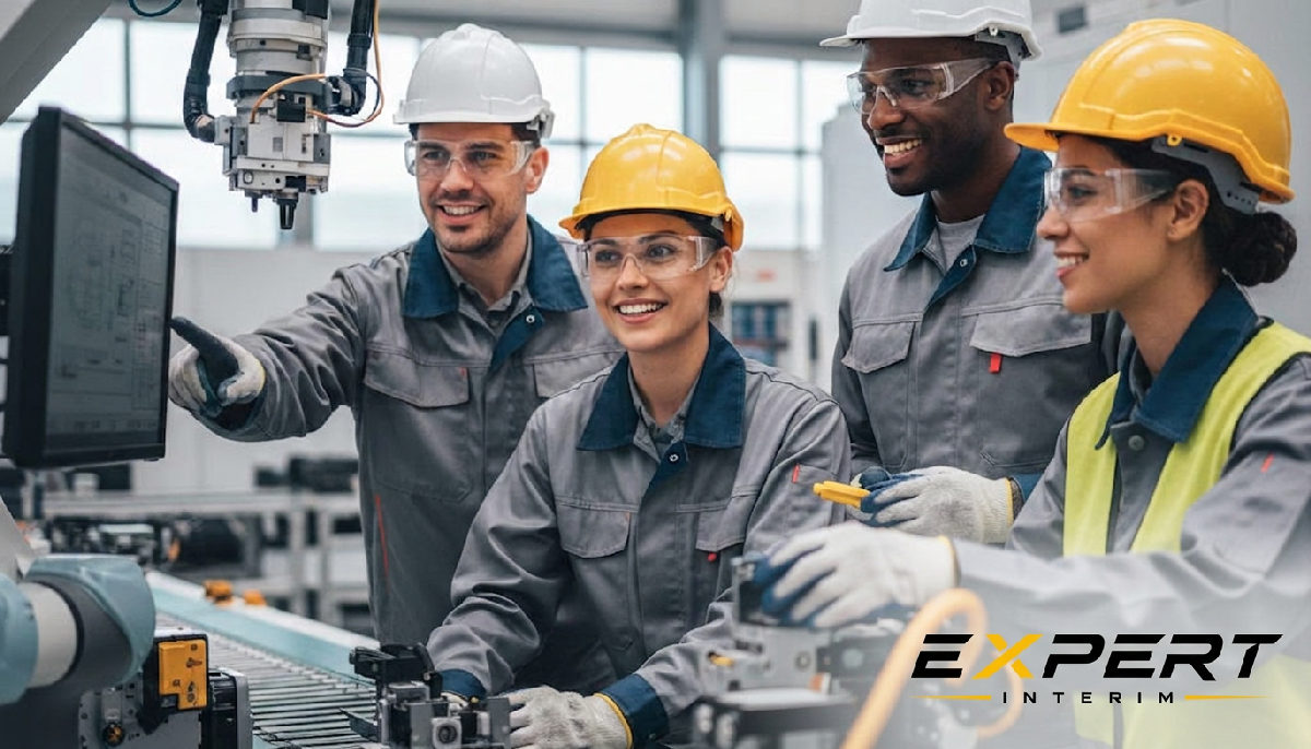 Ouvriers industriels divers souriants sur une chaîne d'assemblage.